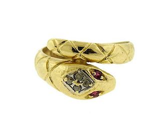 14K Gold Diamond Ruby Snake Bypass Ring