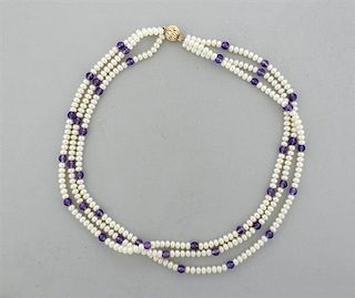 14K Gold Pearl Purple Stone Three Strand Necklace