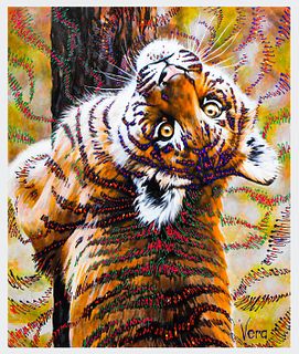 Vera V. Goncharenko- Original Oil on Canvas "Tiger Climbing Tree"
