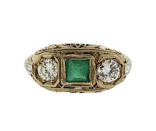 Art Deco Filigree 18K Gold Diamond Emerald Ring