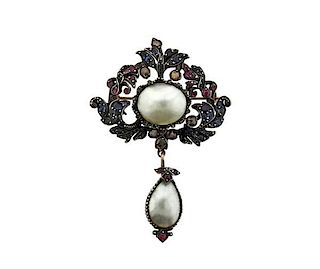 Antique Victorian Silver Pearl Sapphire Ruby Brooch Pin