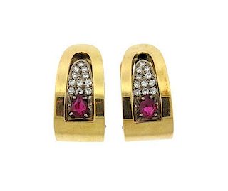18k Gold Ruby Diamond Half Hoop Earrings