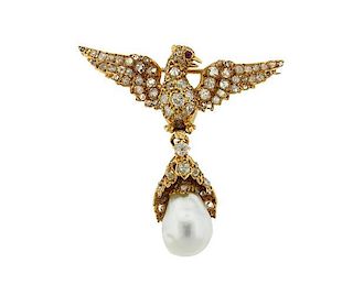 Victorian 18k Gold Diamond Pearl Ruby Eagle Brooch