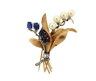 18k Gold Sapphire Pearl Diamond Bouquet Brooch Pin