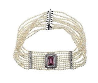 18K Gold Tourmaline Diamond Pearl 10 Strand Choker Necklace