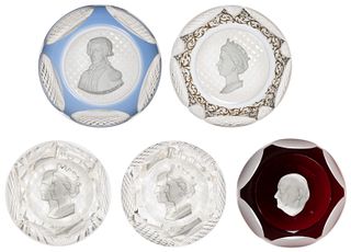 VINTAGE BACCARAT HISTORICAL FIGURES SULPHIDE ART GLASS PAPERWEIGHTS, LOT OF FIVE