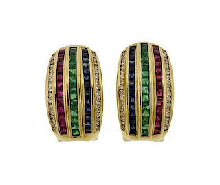 Le Vian 18k Gold Diamond Ruby Emerald Sapphire Cocktail Earrings