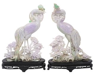 2 Chinese Carved Bicolor Jade Birds on Bases