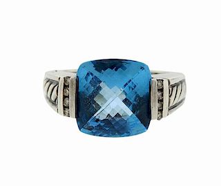 David Yurman Sterling Silver Blue Topaz Diamond Ring