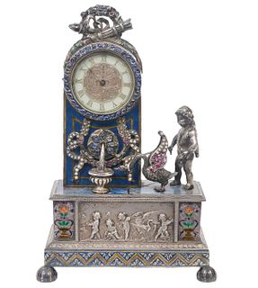 Antique Viennese Silver Enamel & Jeweled Clock