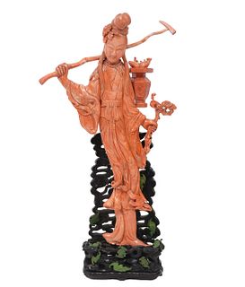 Chinese Carved Coral Figure & Stand- 2740 Grams
