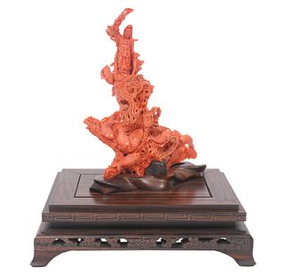 Chinese Carved Coral Figure on Wood Base