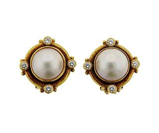 Elizabeth Locke 18K Gold Diamond Pearl Earrings
