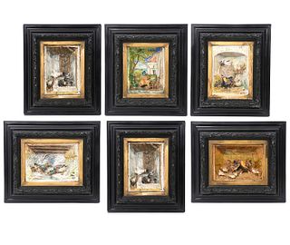 6 Majolica Relief Porcelain Framed Wall Plaques