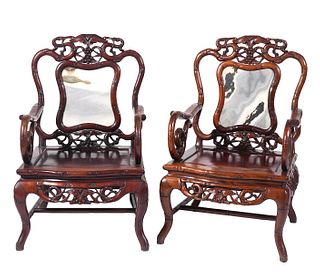 Pr. Chinese Hand Carved Rosewood & Marble Chairs