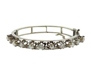 14k Gold Diamond Pearl Bangle Bracelet