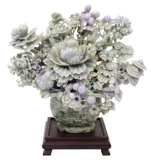 Chinese Lavender & Green Carved Jade Flower Pot