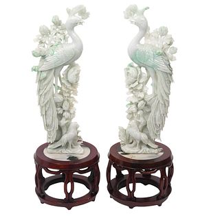 Pr. Chinese Carved Jade Peacocks on Bases
