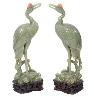 Pr. Large Chinese Carved Jade & Coral Cranes