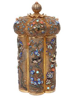 Chinese Gilt Silver Jeweled & Enameled Tea Caddy