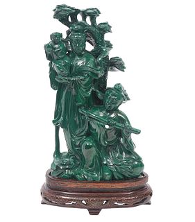 Chinese Carved Malachite Sculpture 3 Figures