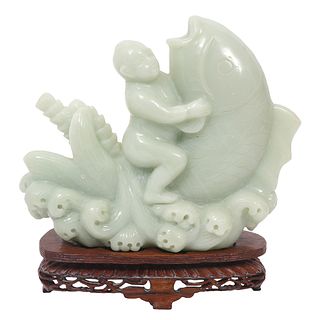 Chinese Carved Jade Figure Boy on a Carp