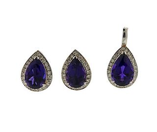14K Gold Purple Stone Diamond Earrings Pendant Set