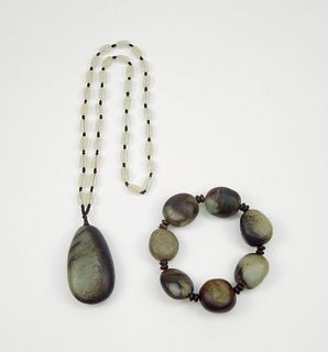 Chinese Jade Stone Bracelet And Pendant Necklace.