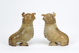 Pair of Carved Jade Bird Form Covered Jars.