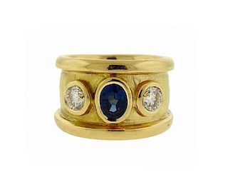 English 18K Gold Diamond Sapphire Wide Band Ring