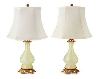 A pair of opaline glass and gilt-bronze table lamps