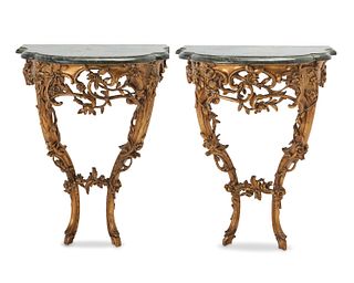 A pair of Italian giltwood wall console tables