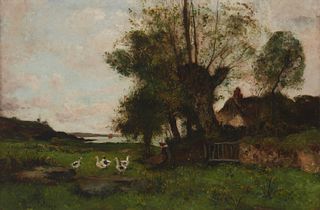 Attributed to Guillaume Francois Colson (1785-1850), Landscape with ducks and a woman resting beneath a tree, Oil on canvas laid to board, Sight: 23.2