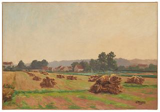 Alphonse-Henri Mazard (1865-1939), "Les Meules," Oil on canvas, 18.25" H x 12.75" W x 0.75" D