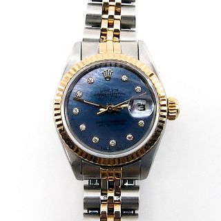 Lady's Rolex DateJust Two Tone Stainless Steel and 14 Karat Yellow Gold Automatic Movement Watch with Mother of Pearl Dial an