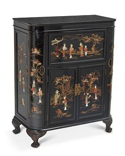 A Chinoiserie inlaid lacquered wood bar cabinet, Circa 1940s-50s
