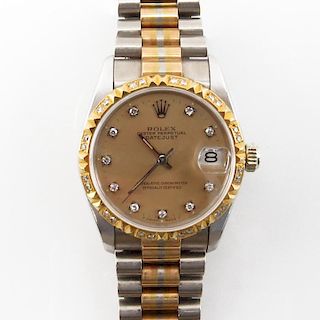 Man's Rolex 18K Tridor DateJust Automatic Movement Bracelet Watch with Diamond Hour Markers and Diamond Bezel