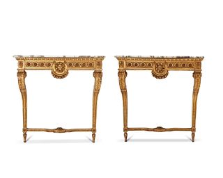 A pair of Louis XVI-style giltwood console tables