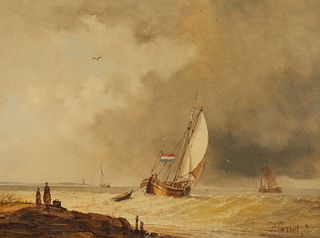 Hermanus Koekkoek Jr. (1836-1909), Ships leaving the shore, Oil on panel, 12" H x 16" W