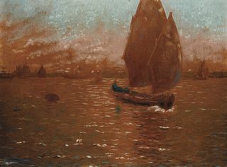 20th Century British or American School, Boats leaving Venice at twilight, Oil on canvas, Sight: 8" H x 10.5" W