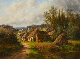 Pierre Ernest Ballue (1855-1928), Thatched cottages beside a small pond, Oil on canvas, 19" H x 25" W