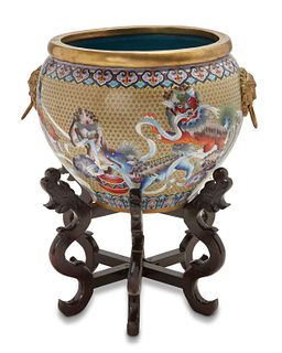 A large Chinese cloisonnE jardiniEre with stand