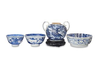 A group of East Asian blue and white porcelain items