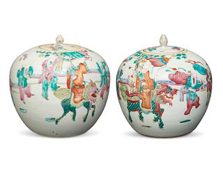 A near-pair of Chinese Qing Dynasty porcelain lidded vessels