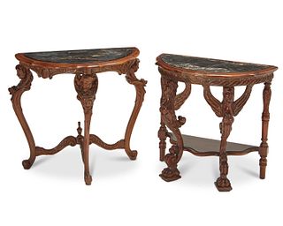 Two small carved wood demilune tables