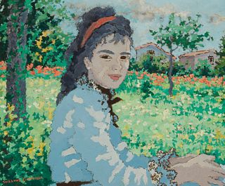 Suzanne Eisendieck (1908-1998), "Juene Fille au Jardin" Oil on canvas, 15" H x 18" W