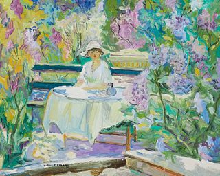 Katia Pissarro (1936-2001), "Sandrine sur la Terrasse de la maison des Merles," Oil on canvas, 18" H x 21.75" W