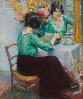 Jules Joets (1884-1959), Woman pouring tea at a table with mirror, Oil on canvas, 29" H x 23.75" W
