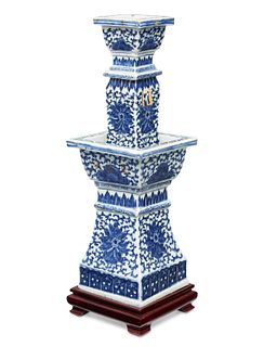 A Chinese blue and white porcelain candleholder