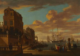 Johann Georg Stuhr (1640-1721), "View of Mediterranean Seaport," Canvas laid to canvas, 19" H x 26" W